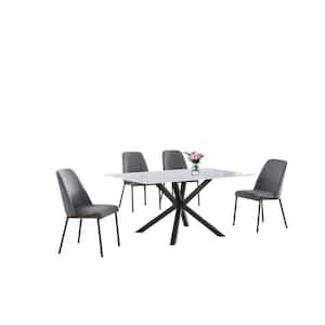 Marcial 5-Piece White Rectangle Marble Wrap Glass Top Iron Metal Frame Dining Set With 4 Grey Polar Fleece Fabric Chair
