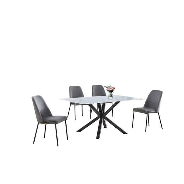 Best Quality Furniture Marcial 5-Piece White Rectangle Marble Wrap Glass Top Iron Metal Frame Dining Set With 4 Grey Polar Fleece Fabric Chair