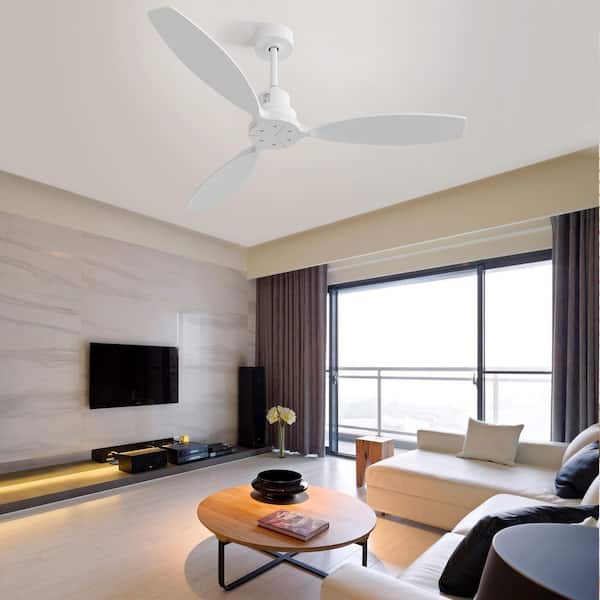 52 in. Indoor White Downrod Mount Standard Ceiling Fan with 3 Solid Wood Blades, Reversible DC Motor without Light