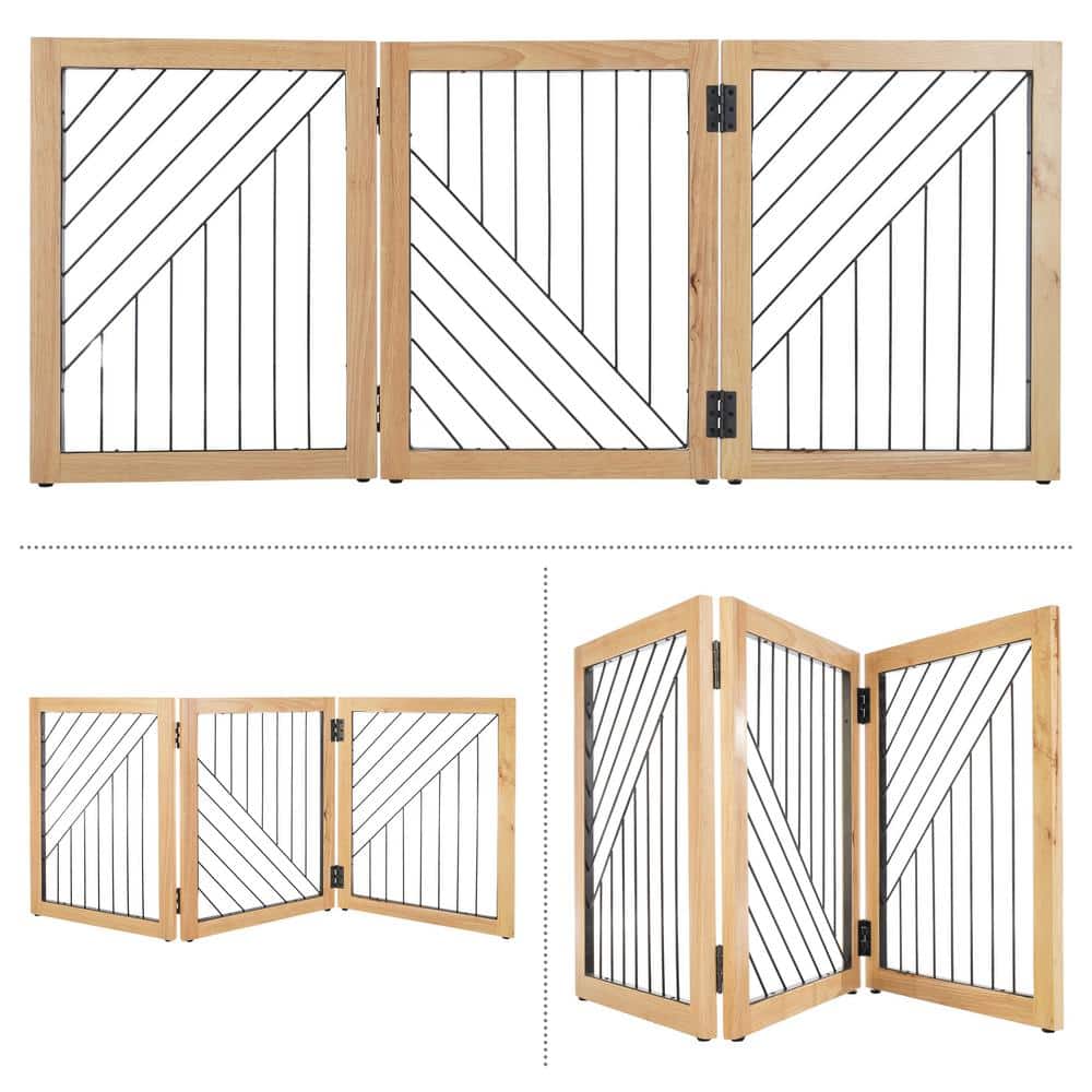 Natural Wood and Black Metal 3-Panel Freestanding Pet Gate