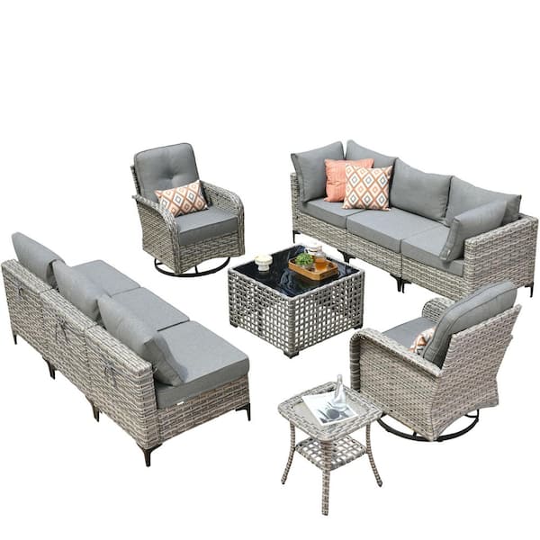 Holston 10-Piece Wicker Outdoor Patio Conversation Sofa Sectional Set with Swivel Rocking Chairs and Dark Grey Cushions