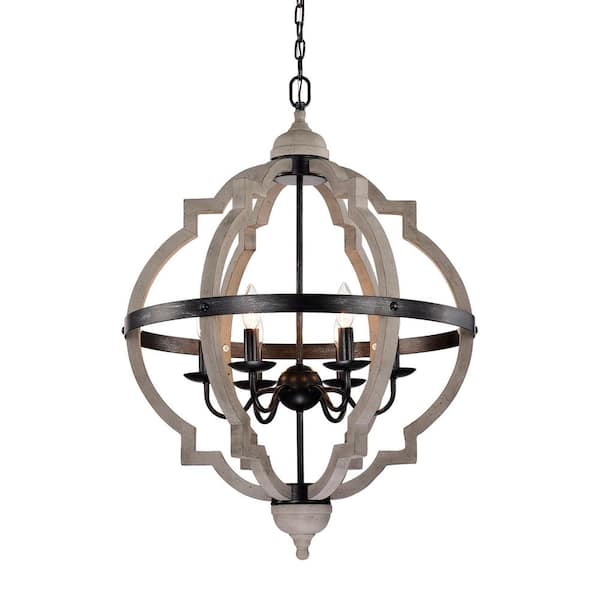 6-Light Slat Wood Cage Farmhouse Chandelier with Antique Black Accent