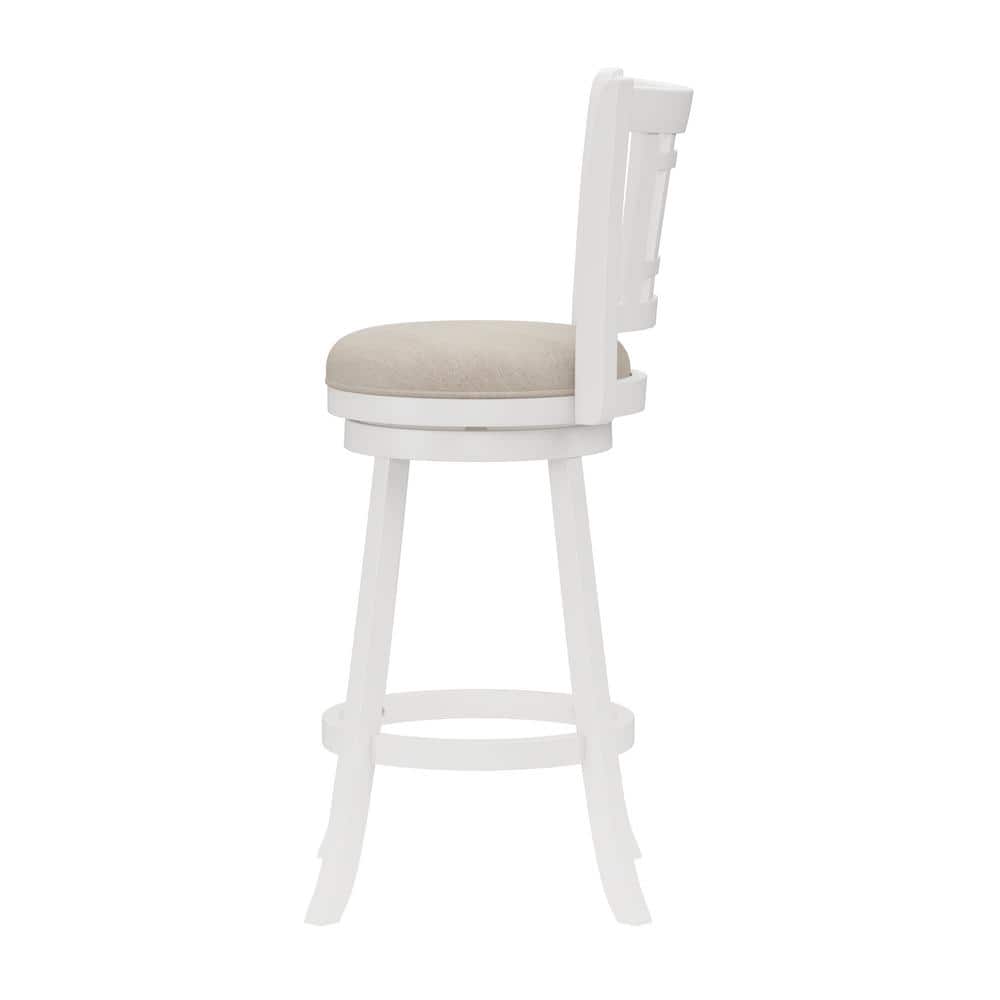 Elegant White Swivel Bar Stool with Beige Fabric Seat and Wood Accents