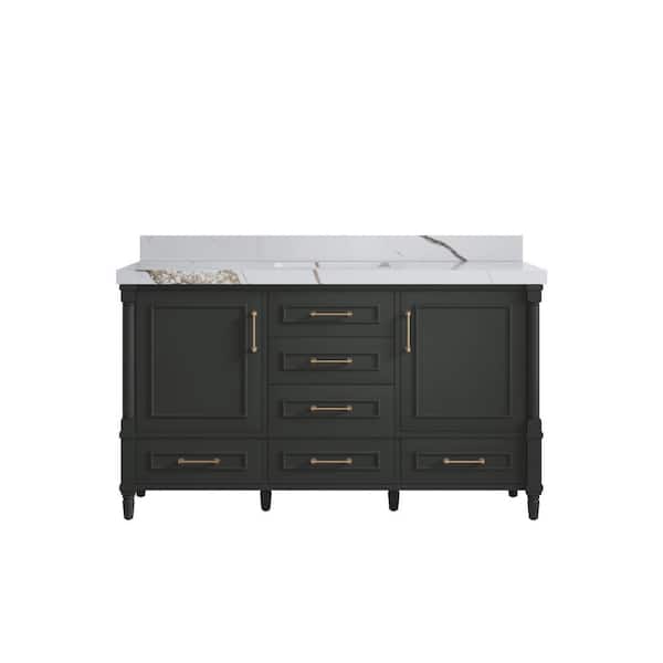 Hudson 60 in. Single Sink Freestanding Black Top Bath Vanity with Calacatta Gold Quartz Top Unassembled