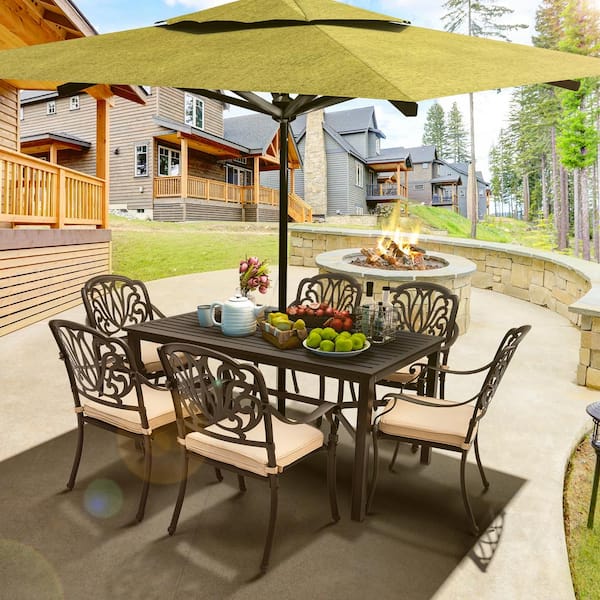 LAUREL CANYON Dack Brown 7-Piece Aluminum Rectangle Table & Stackable Chairs Outdoor Dining Set with Khaki Cushions and Umbrella Hole