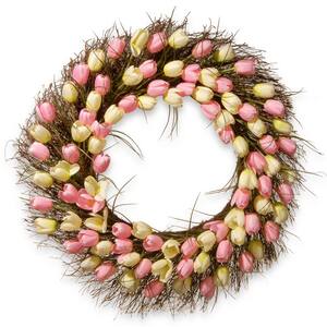 32 in. Artificial Yellow and Pink Tulip Wreath