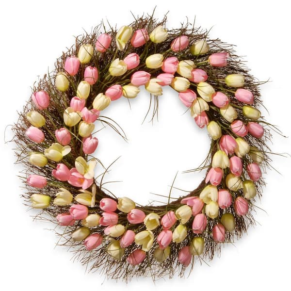 National Tree Company 32 in. Artificial Yellow and Pink Tulip Wreath
