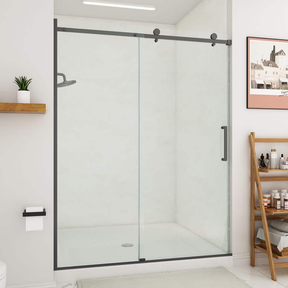 Matte Black Frameless Sliding Shower Door with Clear Tempered Glass