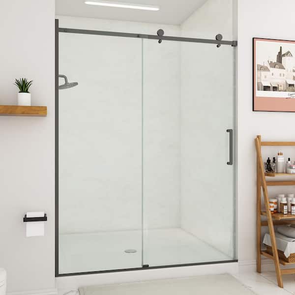 59 in. W x 75 in. H Sliding Frameless Shower Door in Matte Black with 5/16 in.(8 mm) Clear Glass