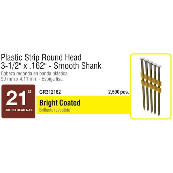 Grip-Rite 3-1/2 in. x 0.162 in. 21° Plastic Collated Vinyl Coated Smooth Shank Round Head Framing Nails 2500 per Box