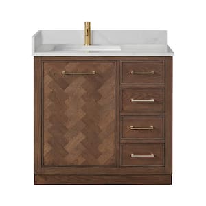 Jakarta 36 in. W. x 22 in. D x 33.9 in. H Single Bath Vanity in Aged Dark Brown Oak with Silk White Quartz Stone Top