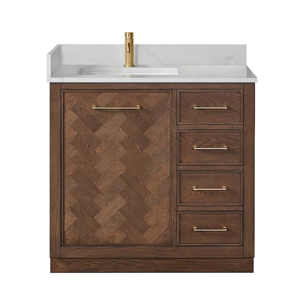 Jakarta 36 in. W. x 22 in. D x 33.9 in. H Single Bath Vanity in Aged Dark Brown Oak with Silk White Quartz Stone Top