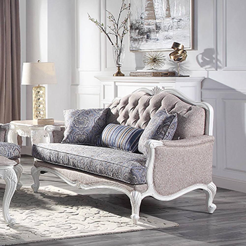 White Floral Tufted Fabric Loveseat with Wood Frame