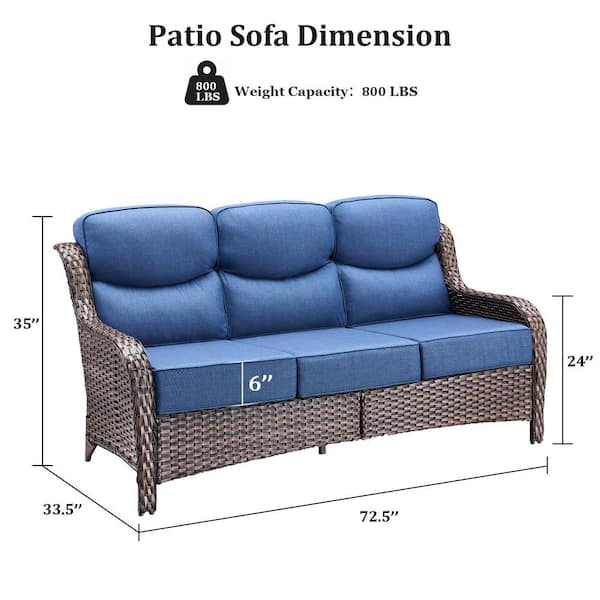 NovaSwivel Brown Wicker Patio Couch, Outdoor Sofa with High Back, and 6 in. Thick Blue Cushions for Backyard, Porch