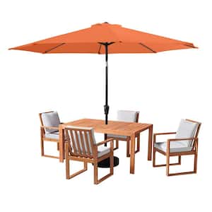 6 Piece Set, Weston Wood Outdoor Dining Table Set with 4 Cushioned Chairs, and 10-Foot Auto Tilt Umbrella Terre Cotta