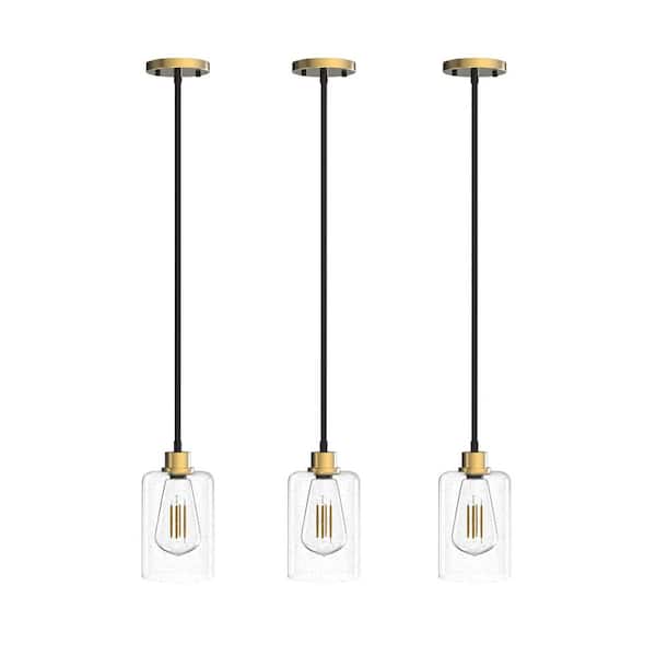 TOZING 1-Light Black Modern Industrial Mini Pendant Hanging Light Fixture with Seeded Glass Shade for Kitchen Island (3-Pack)