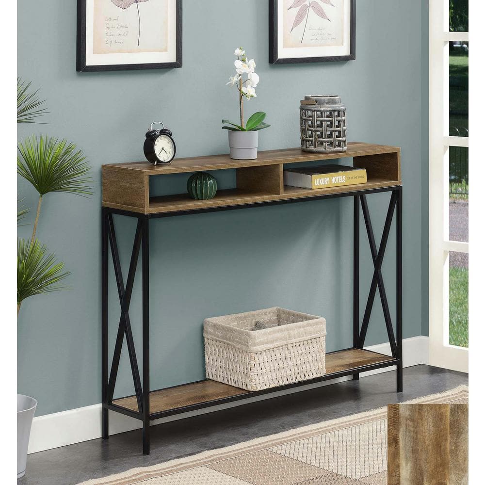 Nutmeg Wood & Black Metal Deluxe Console Table with Storage Shelf
