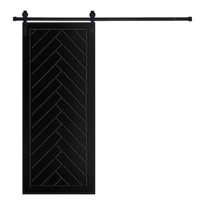Modern FramedHerringbone Designed 80 in. x 24 in. MDF Panel Black Painted Sliding Barn Door with Hardware Kit