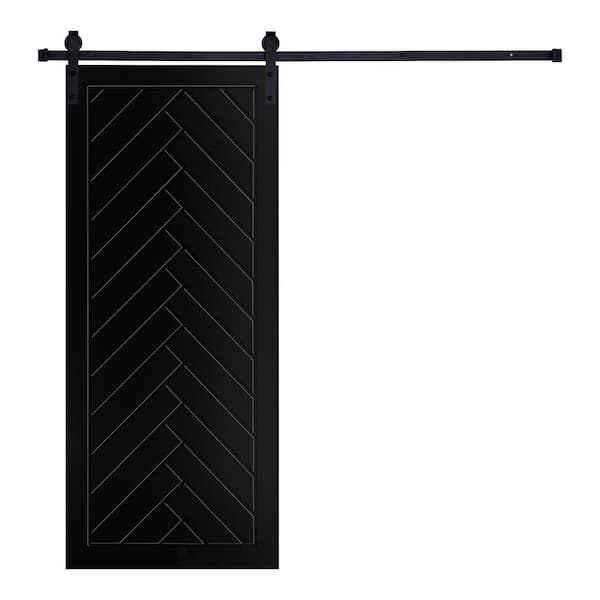 Unbranded Modern FramedHerringbone Designed 80 in. x 32 in. MDF Panel Black Painted Sliding Barn Door with Hardware Kit