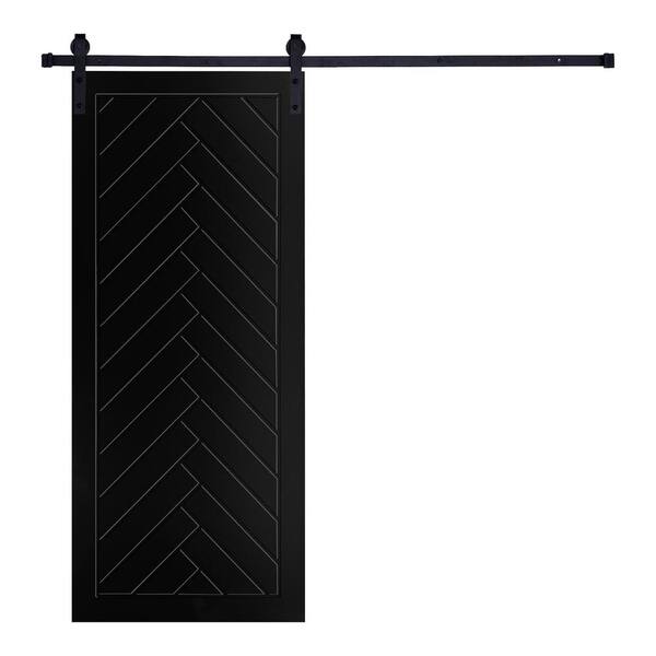 Unbranded Modern FramedHerringbone Designed 84 in. x 28 in. MDF Panel Black Painted Sliding Barn Door with Hardware Kit