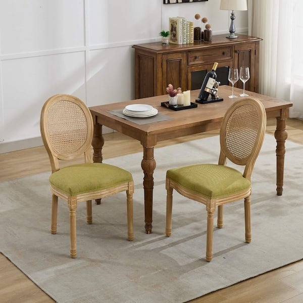 Prunella Olive Green French Style Solid Wood Upholstered Fabric Dining Chairs (Set of 2) with Rattan Back