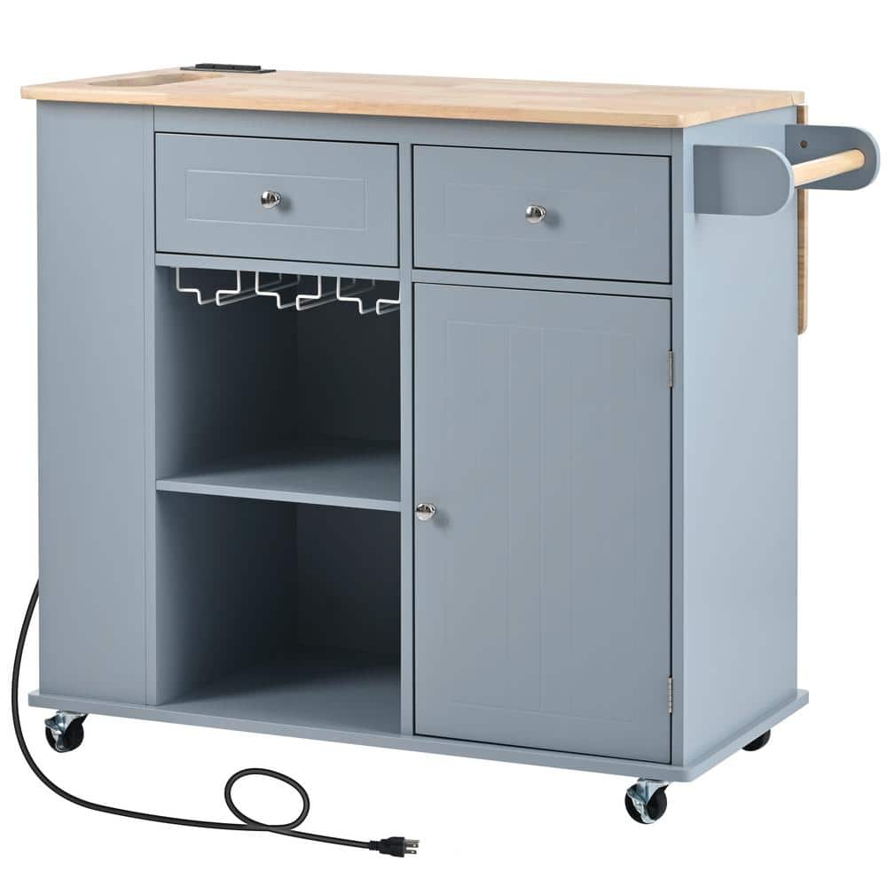 Grey Blue Outdoor Grill Cart Kitchen Island with Power Outlet Open Storage 