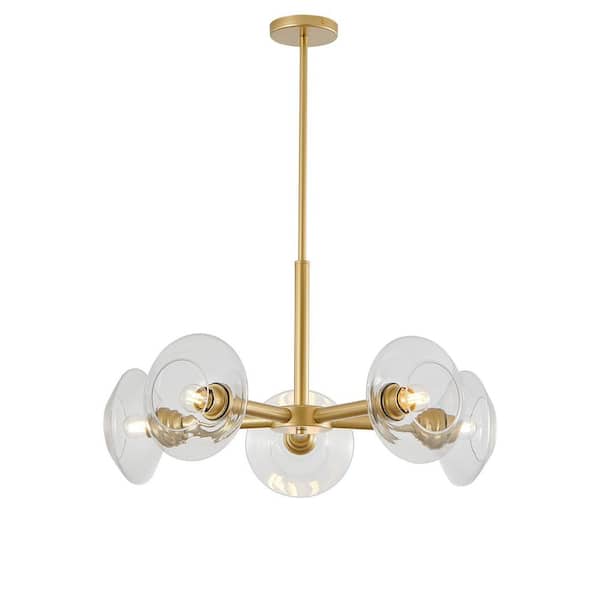 VEVETTA 5-Light Sputnik Gold Chandelier with Clear Glass Shades, Mid-Century Hanging Light Fixture (Bulb Not Included)