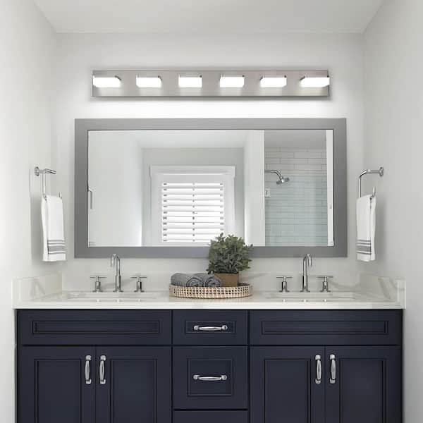 38.98 in. 6-Light Nickel LED Vanity Light with Dimmable 5500K Light and 270° Swivel Range Acrylic Lampshade