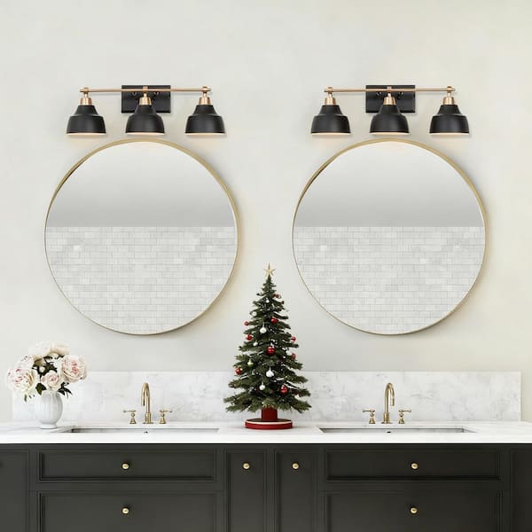 24.5 in. 3-Light Modern Black Bell Vanity Light, Gold Bathroom Light Fixture, Wall Sconce with White Inner Metal Shades