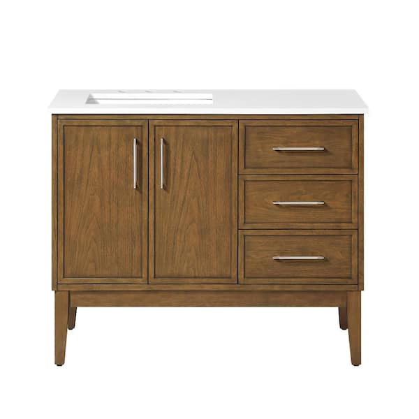 Kira 42 in.  Freestanding Warm Walnut Bath Vanity with White Engineered Stone Top and Brushed Nickel Hardware