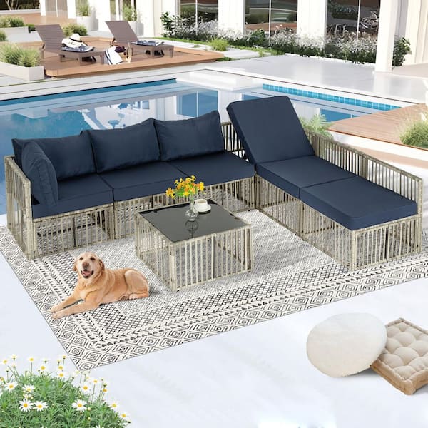 Zeus & Ruta 7-Piece Outdoor Wicker Sectional Conversation Set with Adjustable Backrest Sofa Blue Cushions and Coffee Table