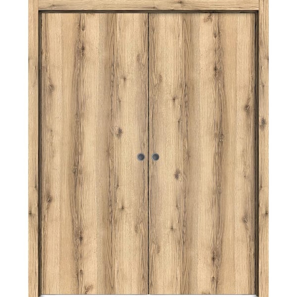 Sartodoors Planum 0010 36 in. x 80 in. Flush Oak Finished Wood Sliding Door with Double Pocket Hardware