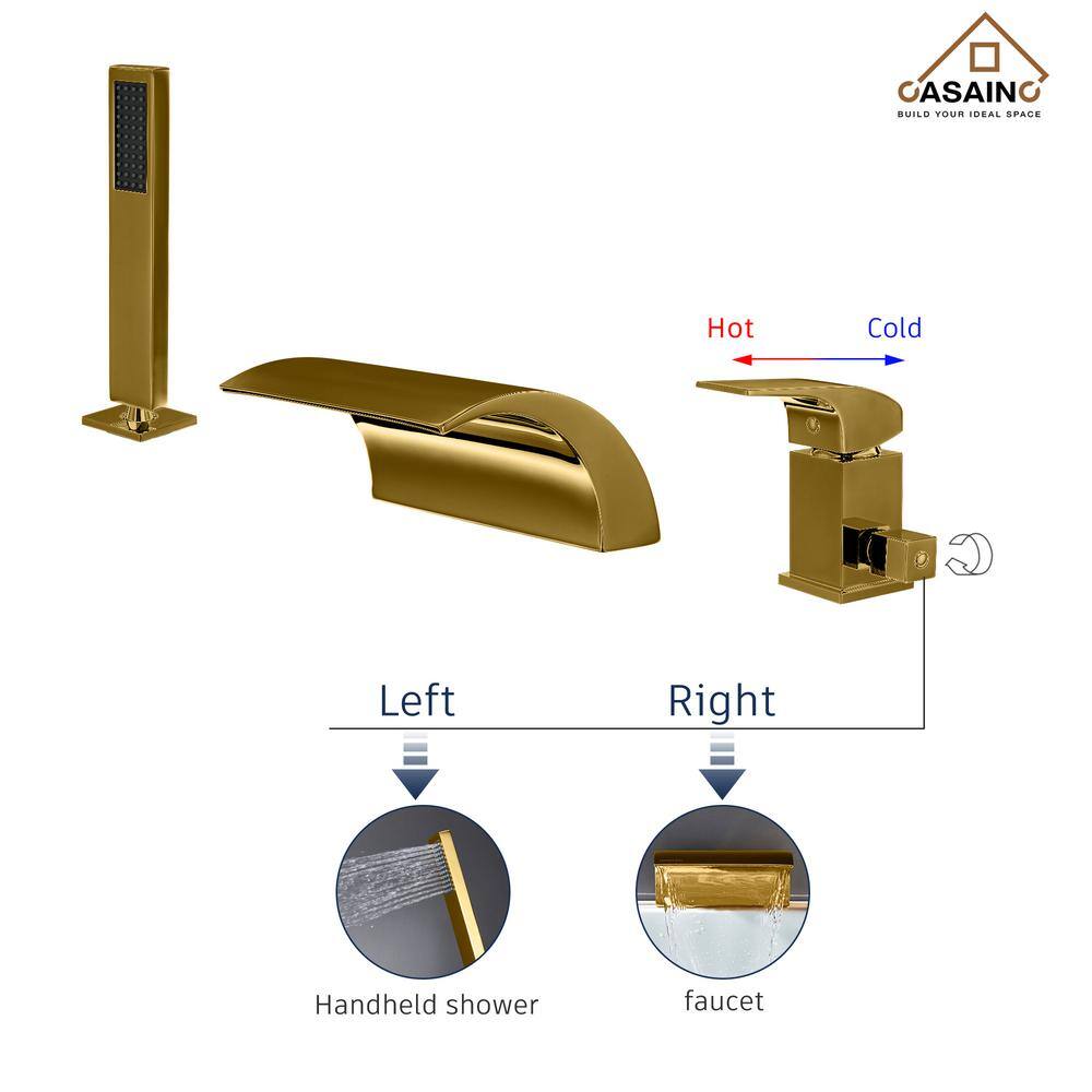 Gold Deck Mounted Waterfall Tub Faucet with Hand Shower