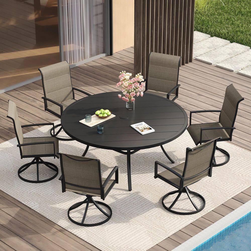 7-Piece Metal Outdoor Dining Set with 53 in. Black Round Table and 6 Brown Swivel Dining Chairs for 6 Person price history on PriceWatchPro