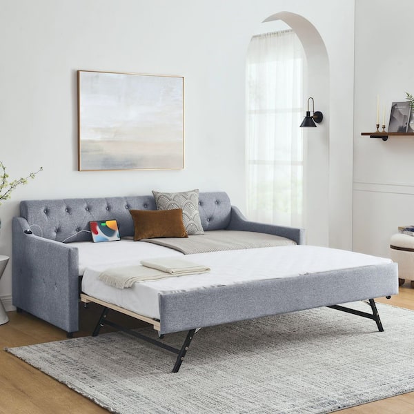 Midnas Grey Twin Size Modern Upholstered Daybed with Trundle, USB Charging, Tufted