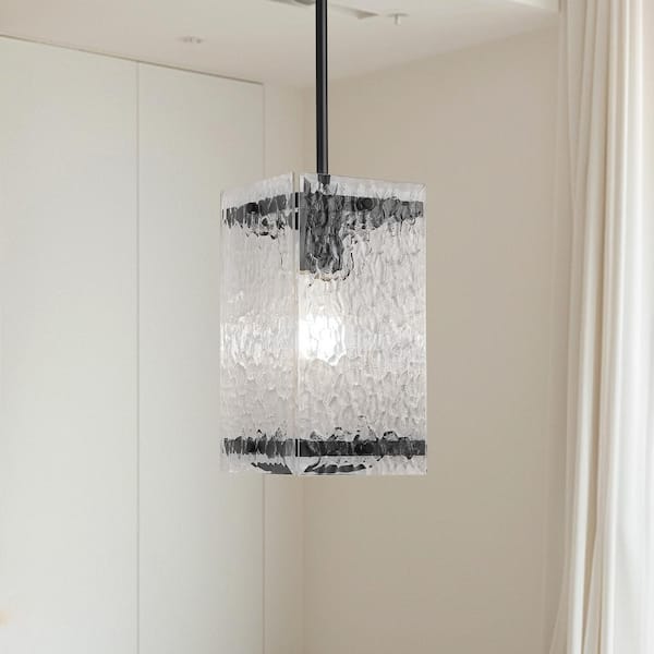 YANSUN 1-Light Black Pendant Hanging Light with Water Glass Shade for Kitchen Island