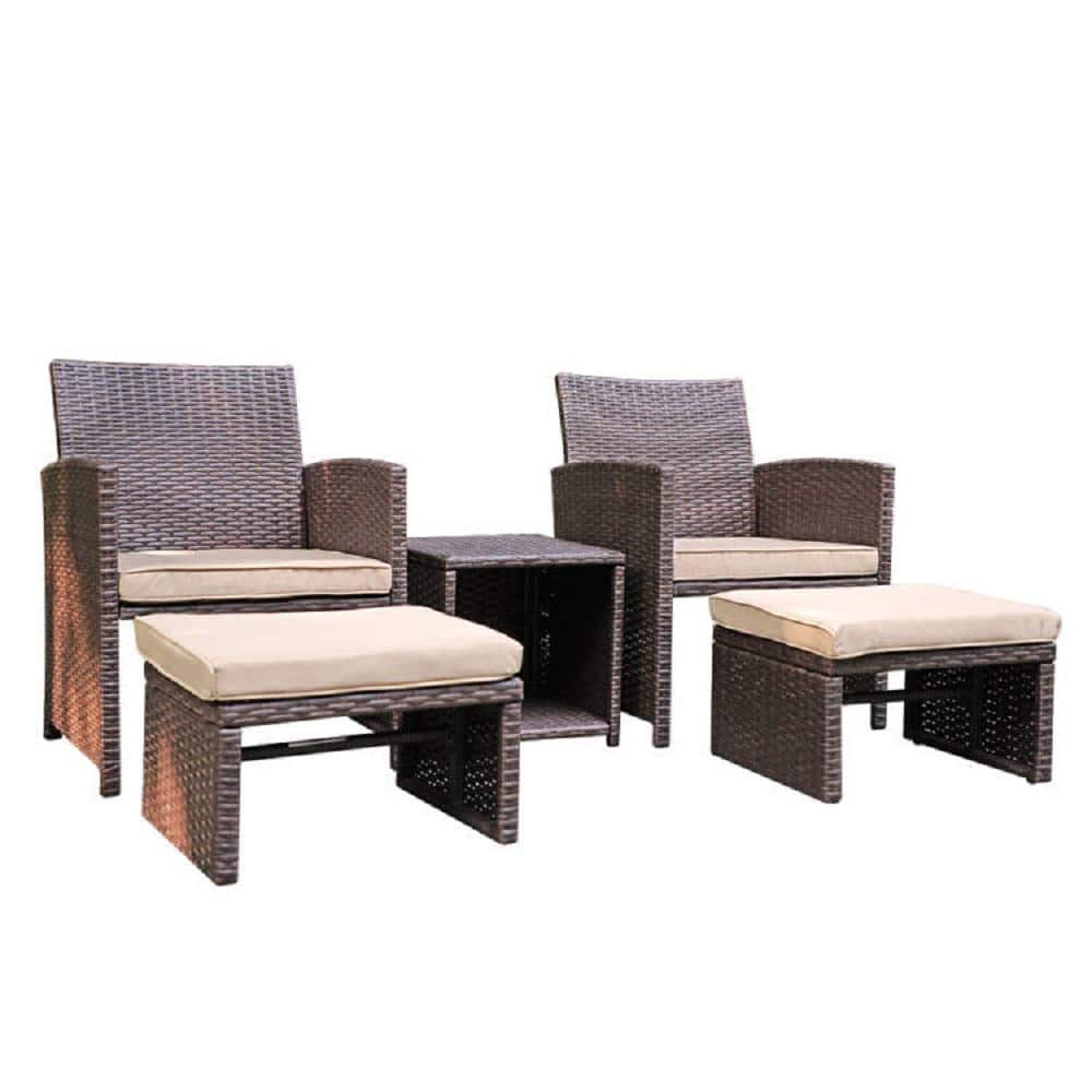 5-Piece Wicker Outdoor Bistro Set with Beige Cushions