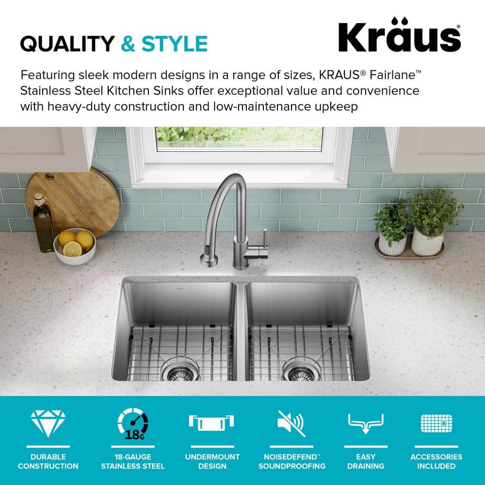 Fairlane 33-Inch Stainless Steel Double Bowl Undermount Kitchen Sink