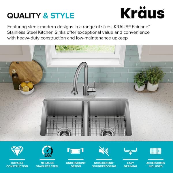KRAUS Fairlane 33-Undermount Double Bowl 18-Gauge Stainless Steel