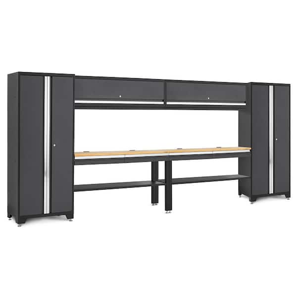 NewAge Products Bold Series 180" W x 76.75" H x 18" D Pre Assembled 24-Gauge Steel 8-Piece Garage Storage System in Gray, Bamboo Worktop