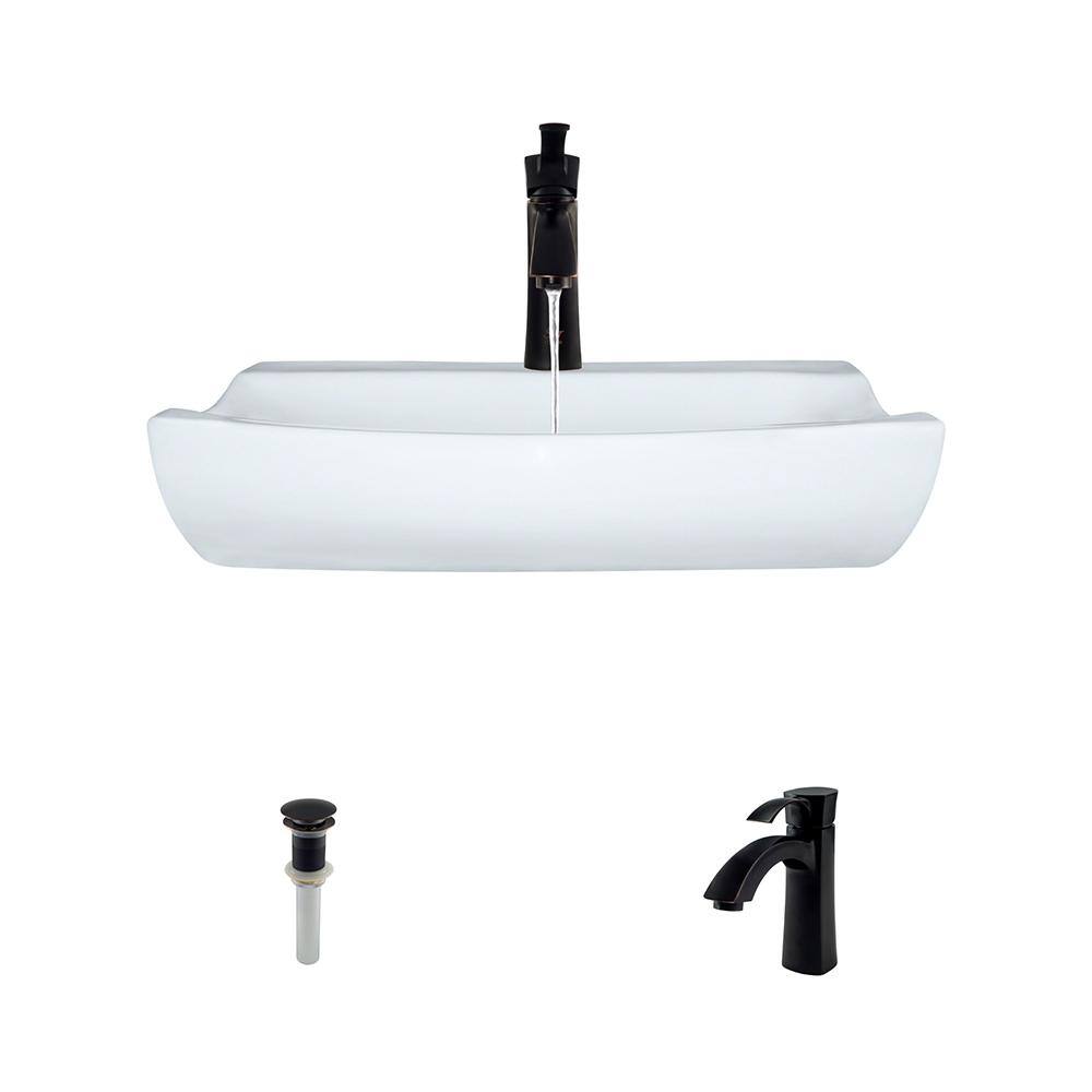 Bundle - 3 Items: Sink, Faucet, and Pop Up Drain MR Direct V200-Bisque Porcelain Vessel Sink Antique Bronze Ensemble with 753 Vessel Faucet V200-B-753-ABR