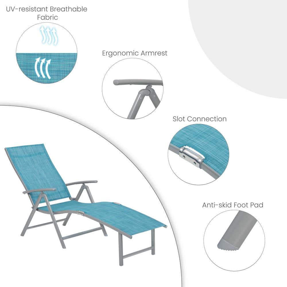 Blue Aluminum 2-Person Folding Chaise Lounge Set with Table