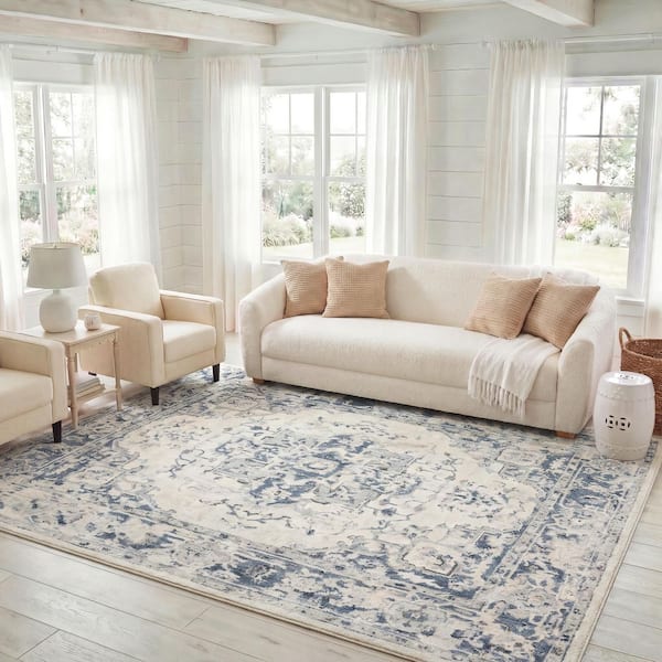 Charleston Ivory/Navy 8 ft. x 10 ft. Distressed Border Area Rug