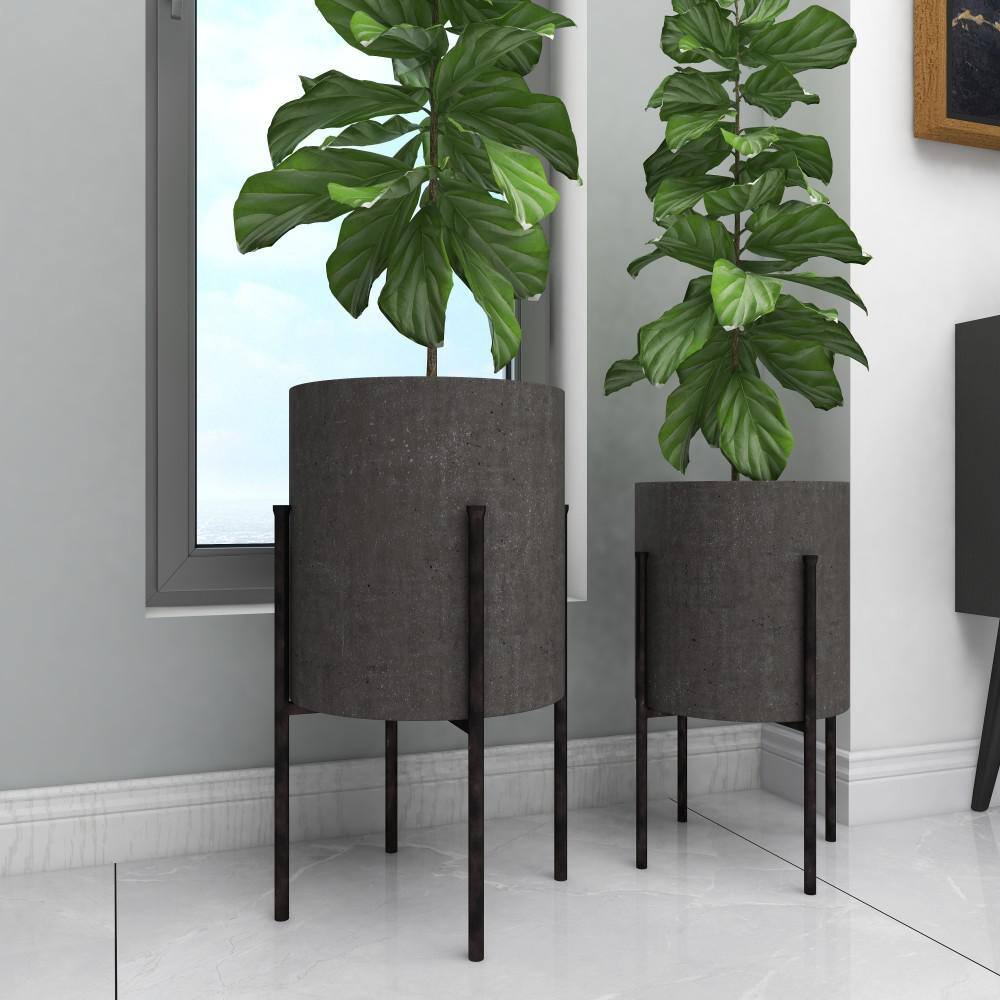 Modern Gray Iron Planters Set of 2 with Removable Stand - Indoor/Outdoor
