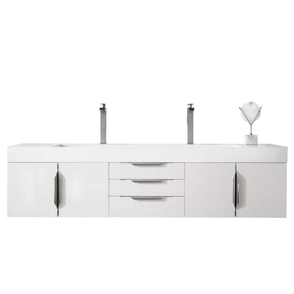 James Martin Vanities Mercer Island 72.5 in. W x 19 in. D x 18.3 in. H Double Bath Vanity in Glossy White with Glossy White Solid Surface Top