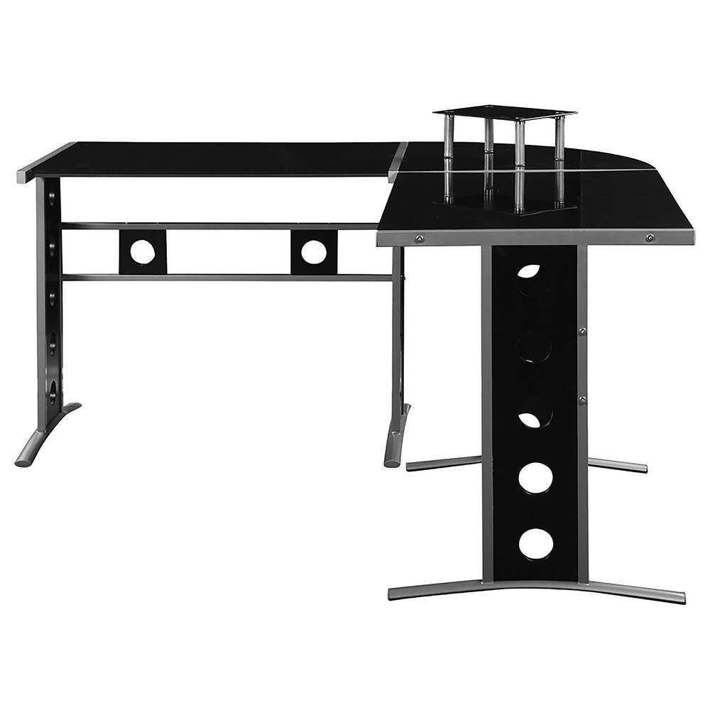 Contemporary Black Glass L-Shape Corner Desk with Silver Accents