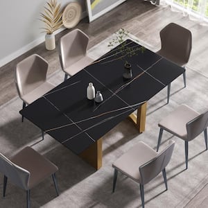 Modern Black Stone 71 in. Rectangular Luxury Gold Column Dining Table Seats 8