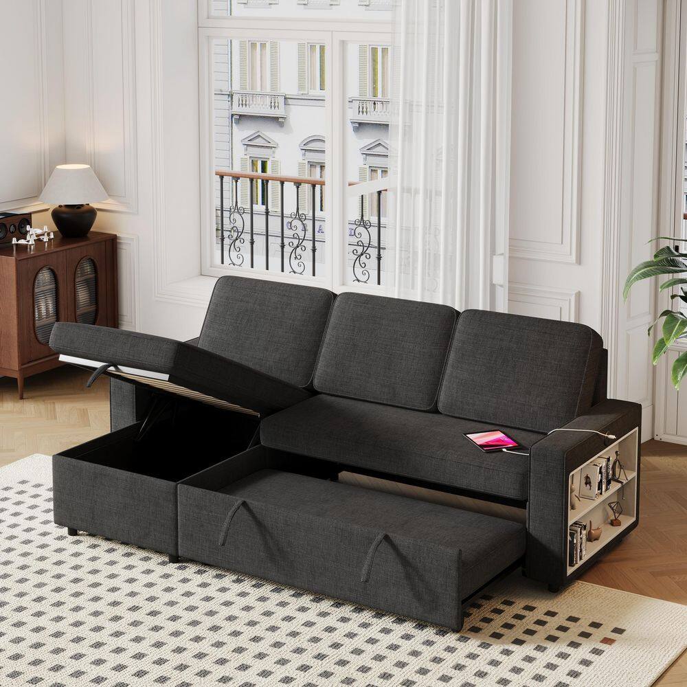 Black 85.8 in. L-Shaped Polyester Convertible Pull-Out Sleeper Sofa Bed wit