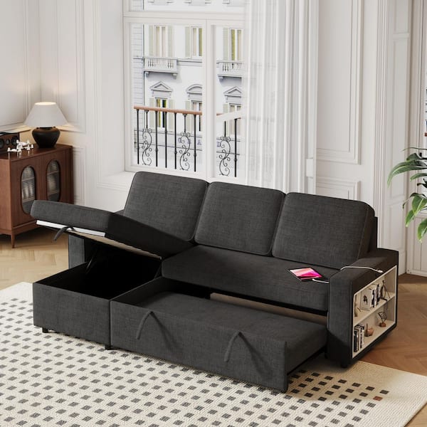 aisword Black 85.8 in. L-Shaped Polyester Convertible Pull-Out Sleeper Sofa Bed with Storage Chaise, Racks and Charging Ports