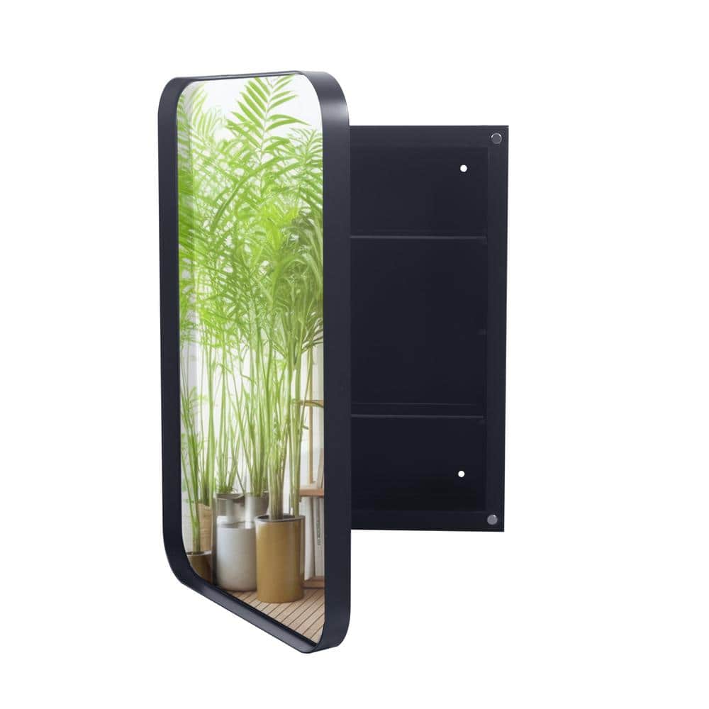 16 in. W x 24 in. H Rectangular Metal Framed Bathroom Medicine Cabinet with Mirror in Black, Tempered Glass Shelves price history on PriceWatchPro